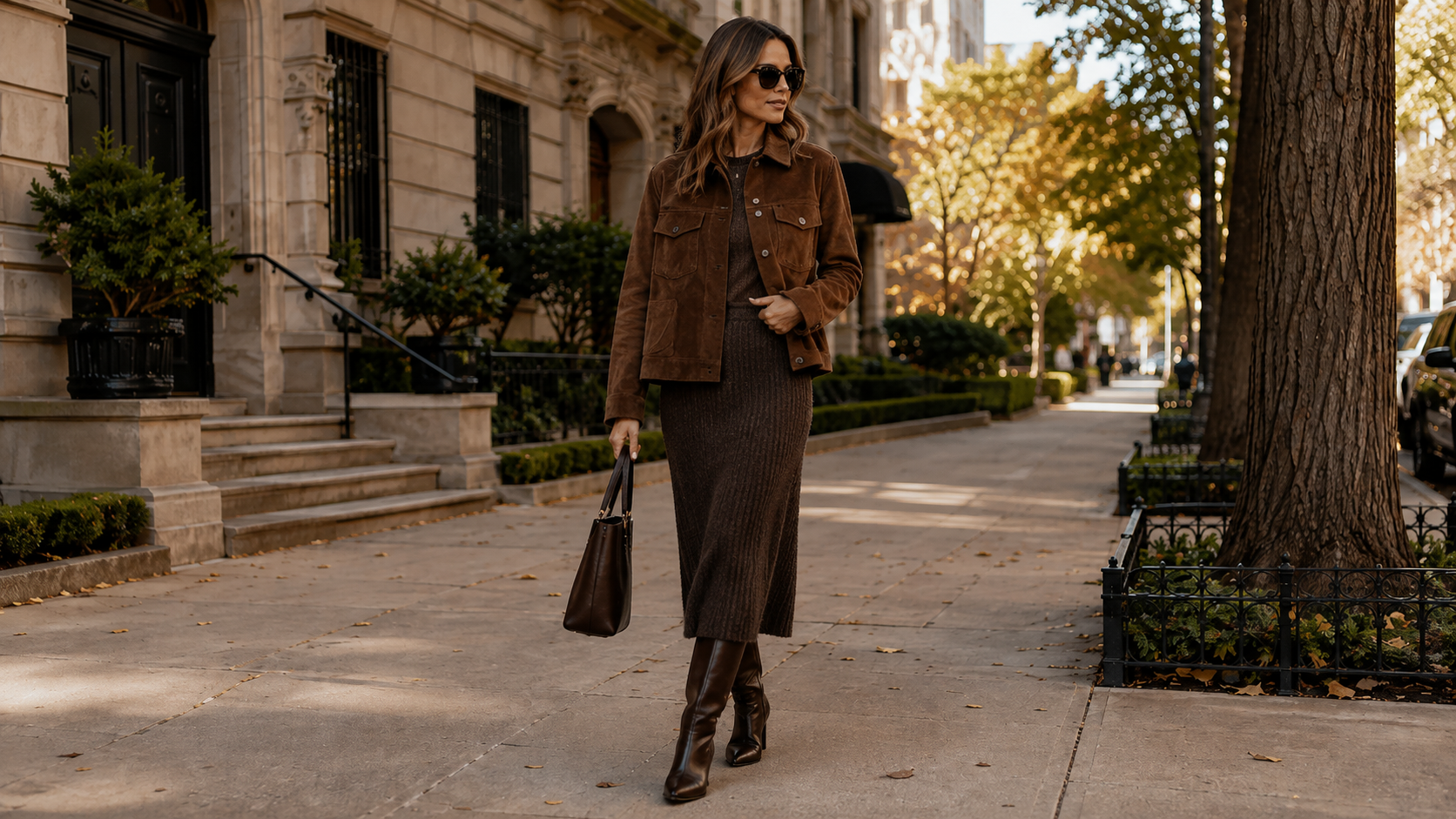 Oversized Suede Jacket with Ribbed Knit Midi Skirt and Knee-High Boots Fall Outfit
